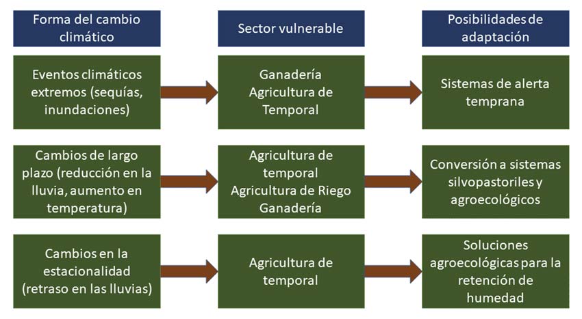 Figura 1. Formas del cambio climático actuales y futuras, así como sus potenciales impactos sectoriales y algunas propuestas de adaptación sugeridas por la ciencia actual